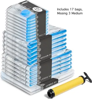 New BRAMBLE 17 Premium Heavy Duty Vacuum Storage Bags with Hand Pump - 80% More Space, supposed to be 20 bags missing 3 Medium!