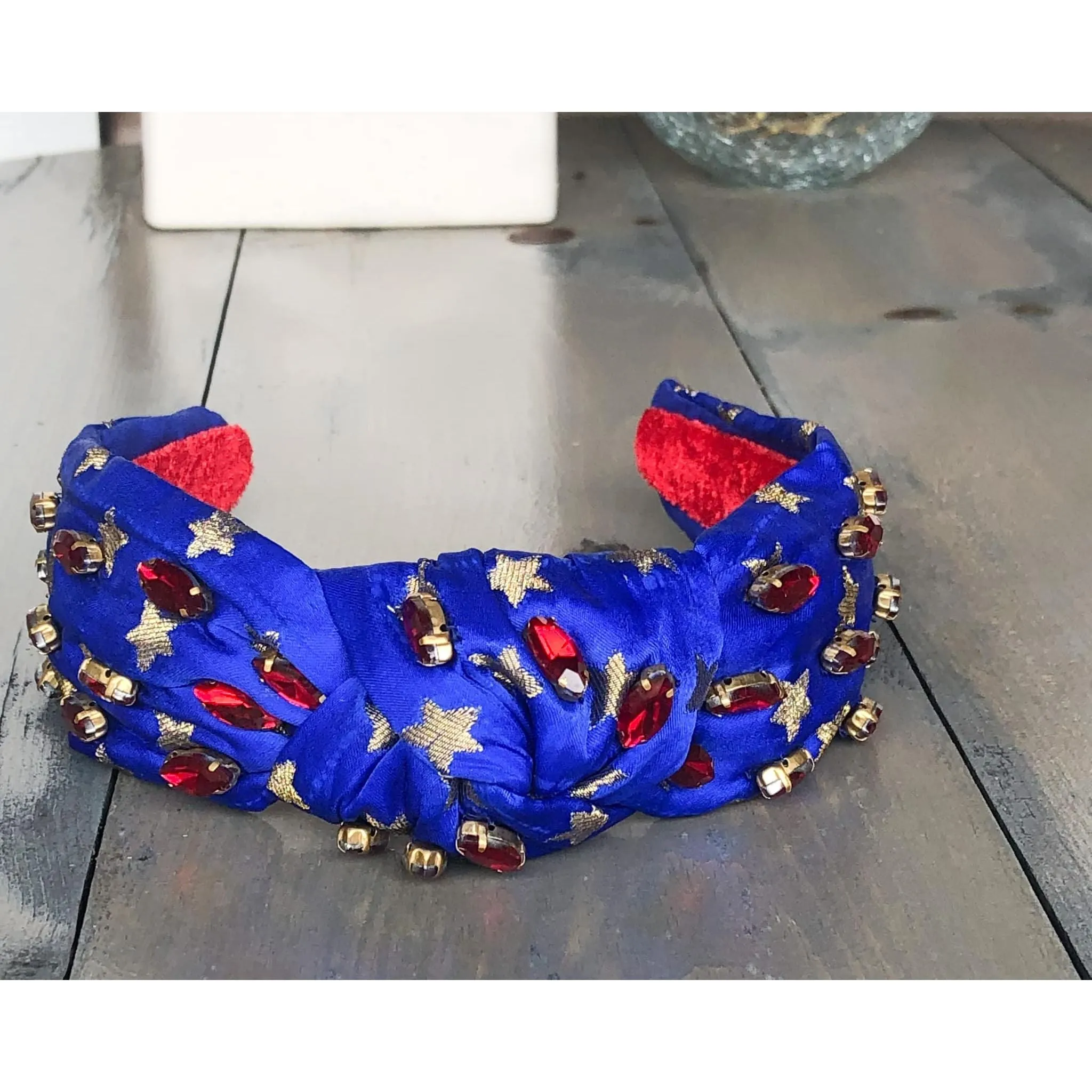 Patriotic Blue and Gold Star Jeweled Top Knot Headband 4th of July