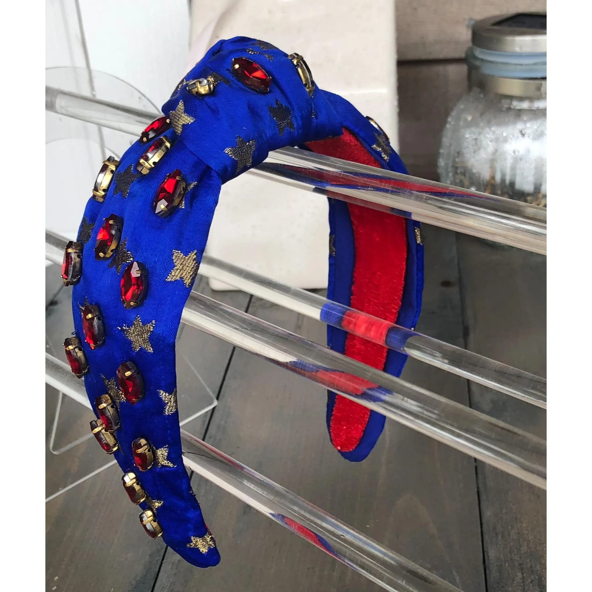 Patriotic Blue and Gold Star Jeweled Top Knot Headband 4th of July