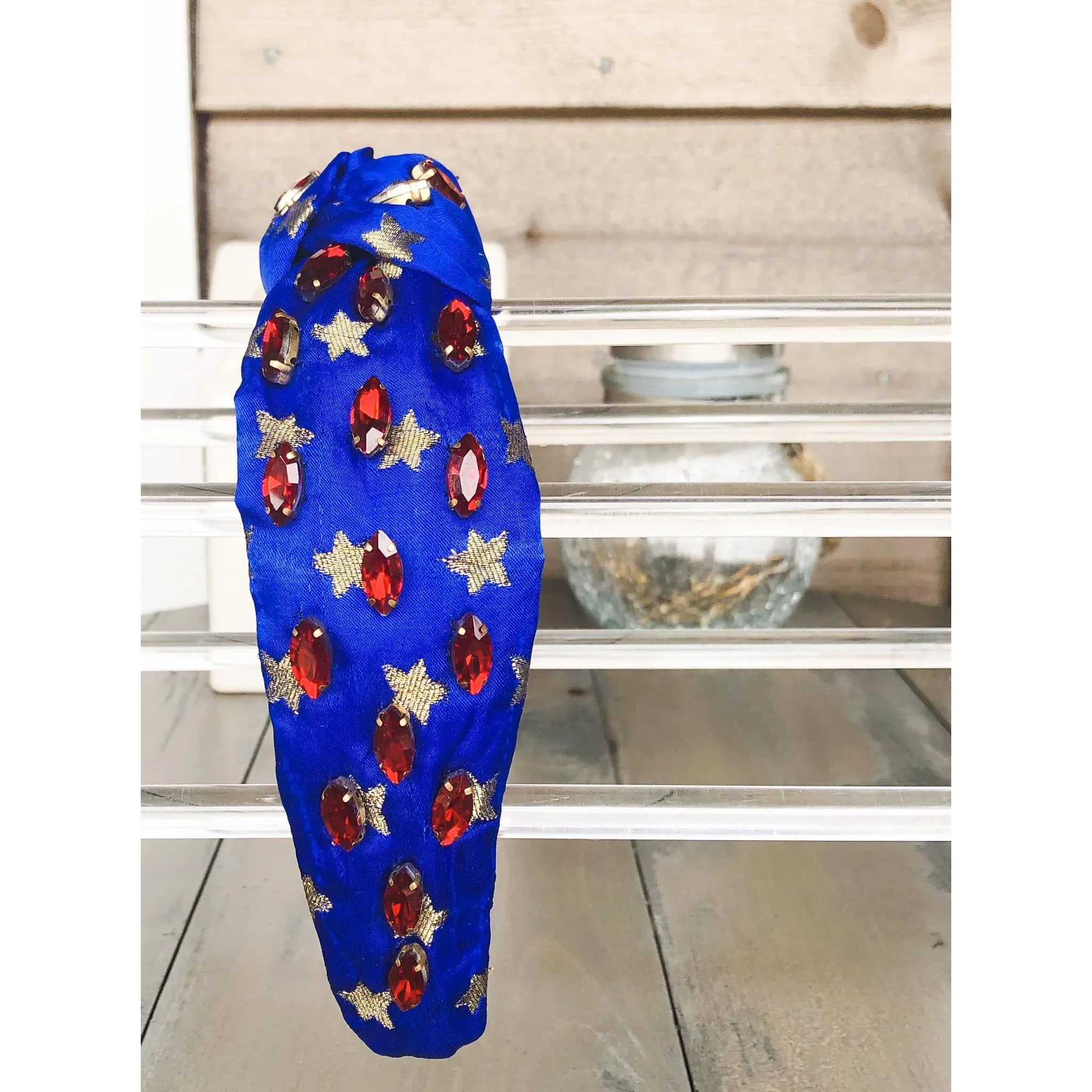 Patriotic Blue and Gold Star Jeweled Top Knot Headband 4th of July