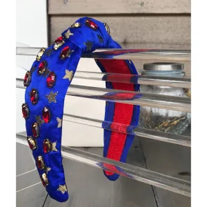 Patriotic Blue and Gold Star Jeweled Top Knot Headband 4th of July