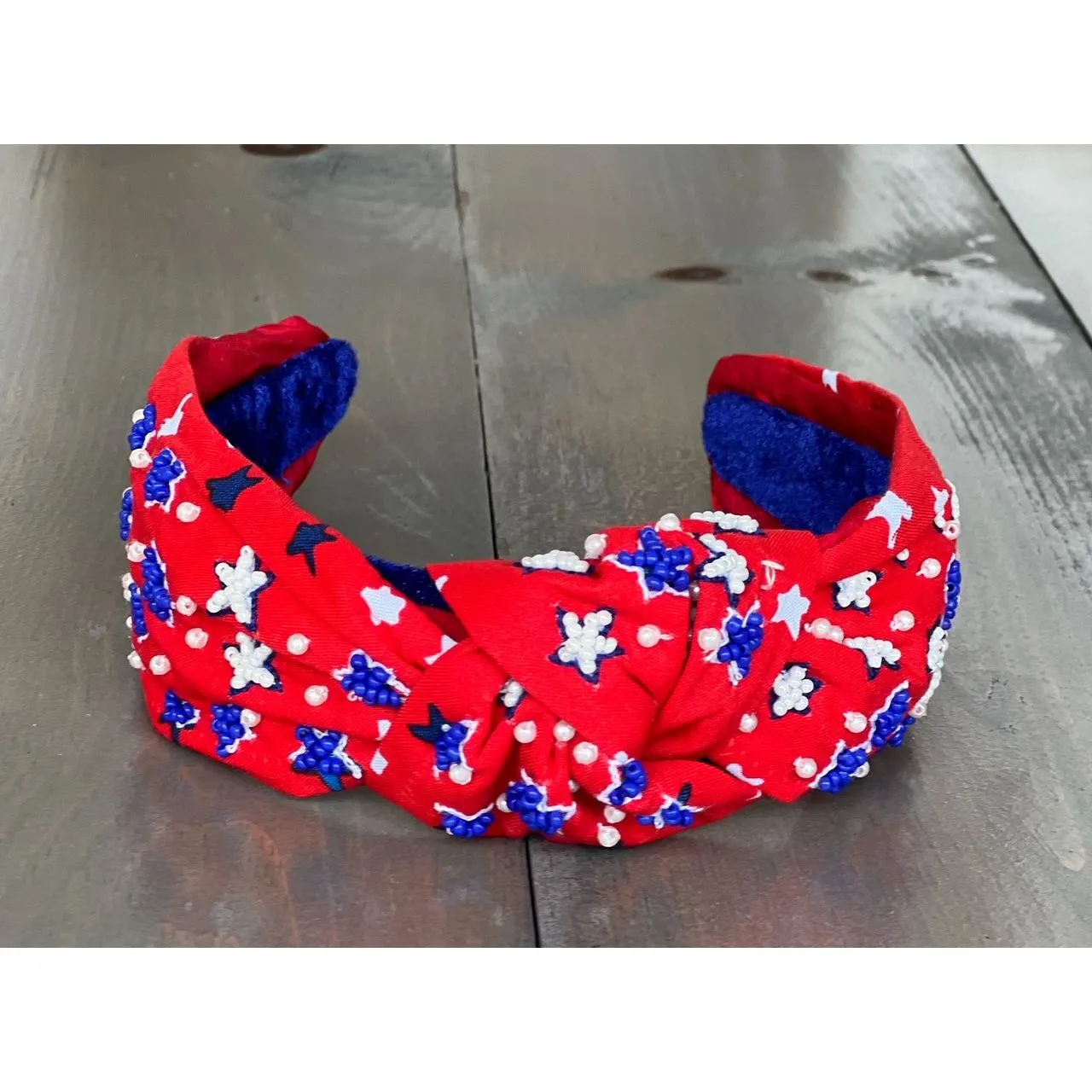 Patriotic Red Seed Beaded Star Top Knot Headband 4th of July S