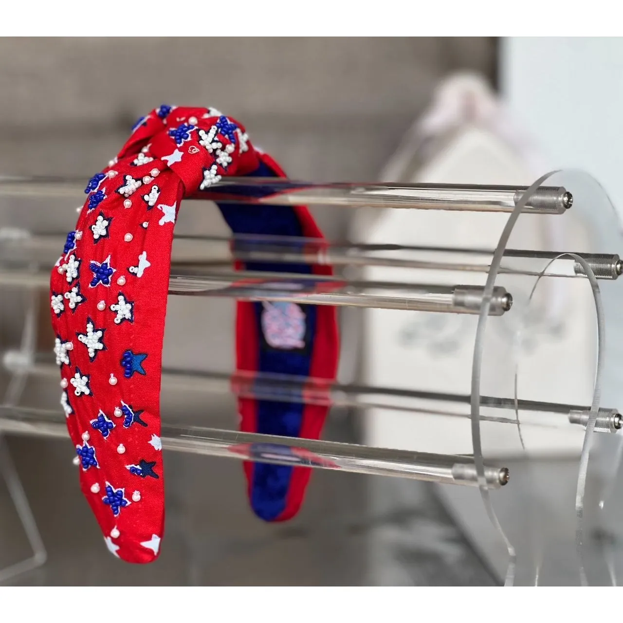 Patriotic Red Seed Beaded Star Top Knot Headband 4th of July S
