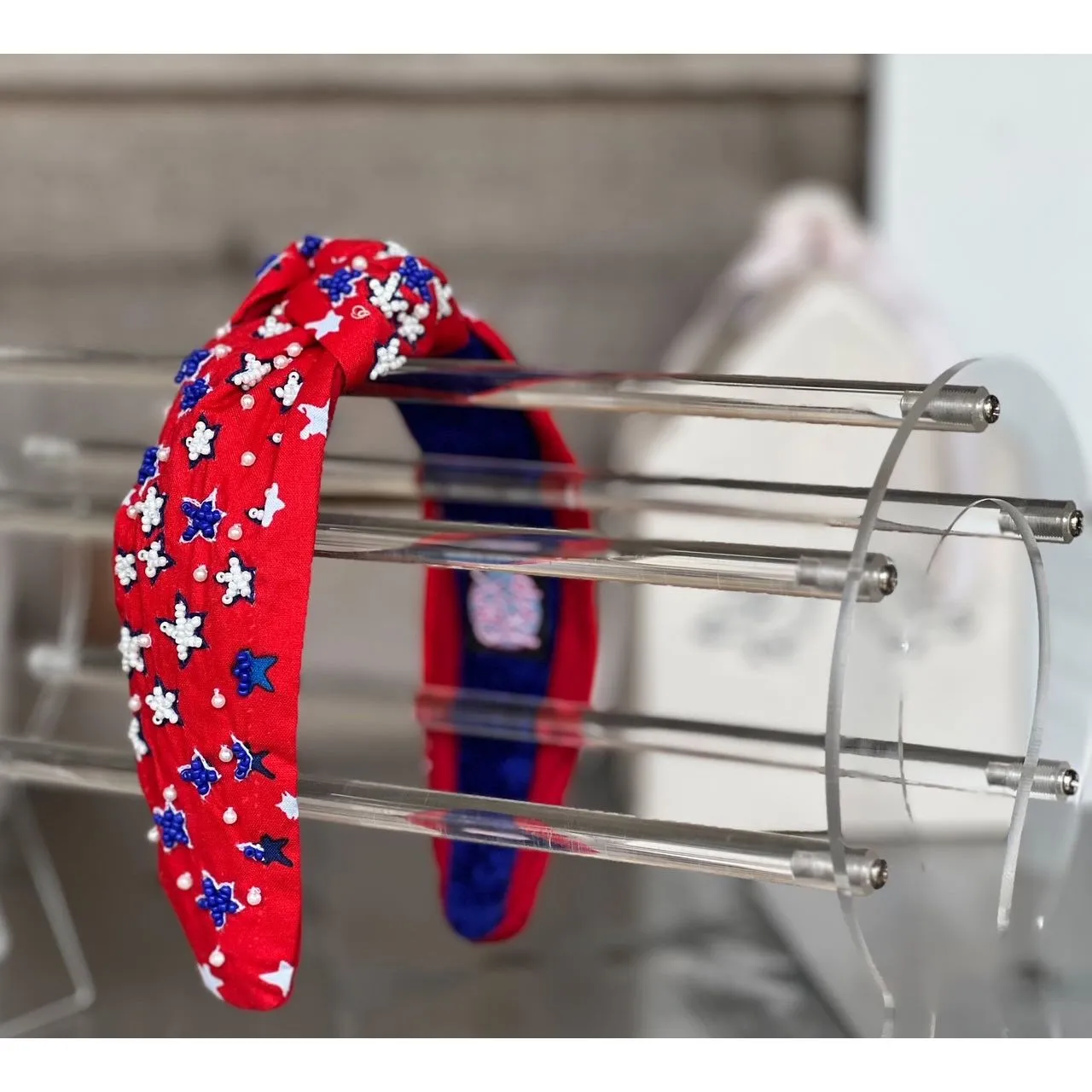 Patriotic Red Seed Beaded Star Top Knot Headband 4th of July S