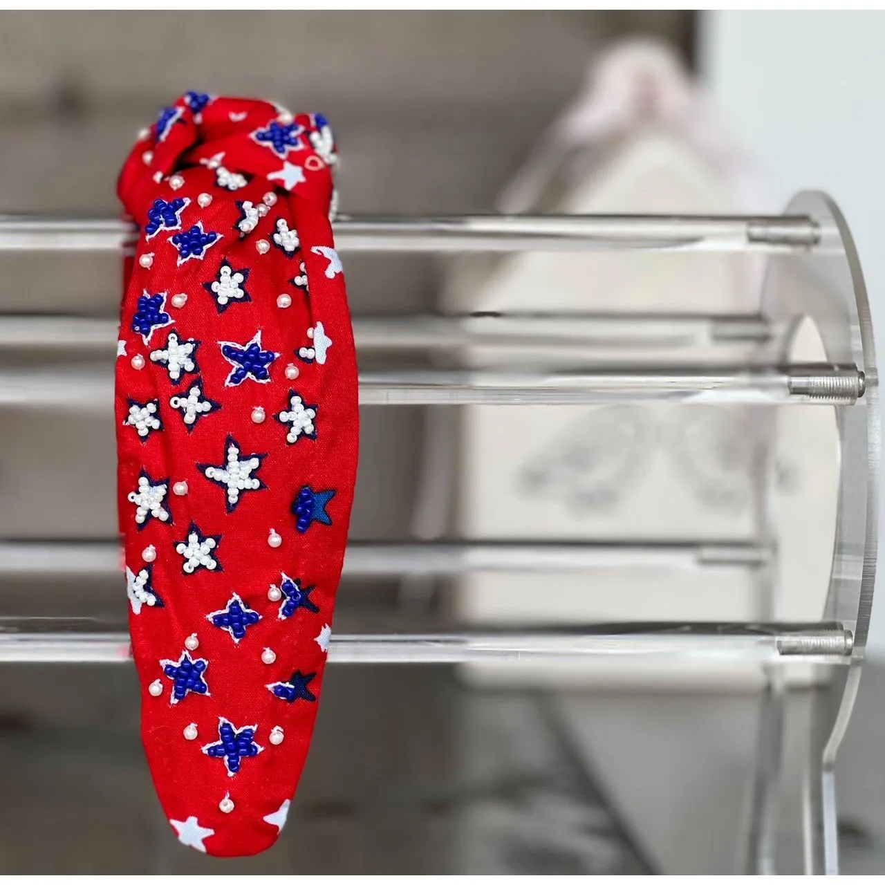 Patriotic Red Seed Beaded Star Top Knot Headband 4th of July S