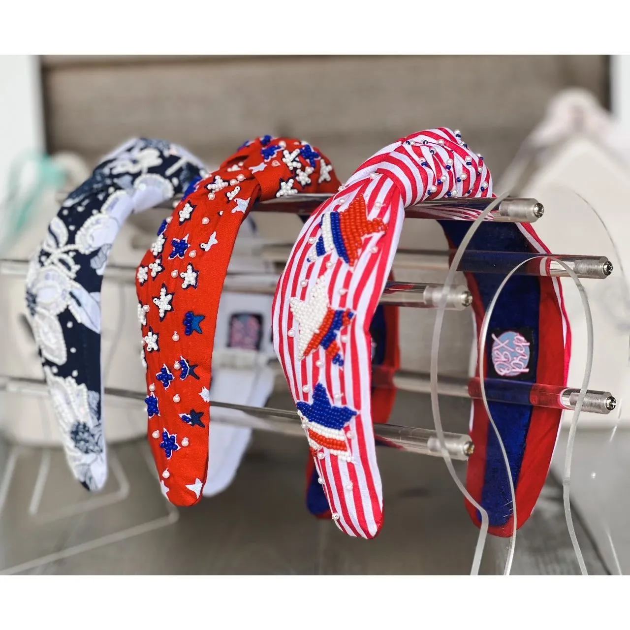 Patriotic Red Seed Beaded Star Top Knot Headband 4th of July S