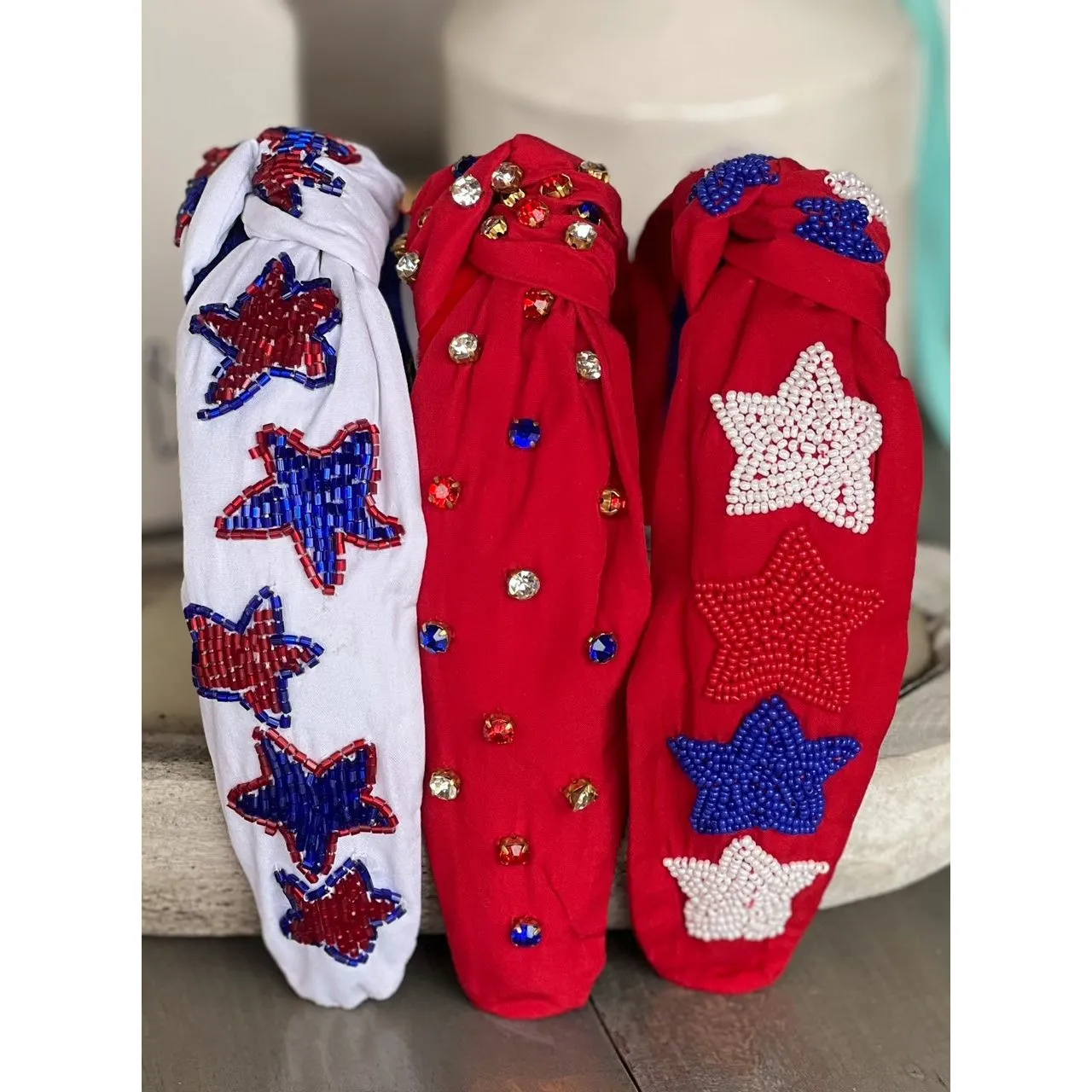 Patriotic Red, White, and Blue Jeweled Top Knot Red Headband 4th of July