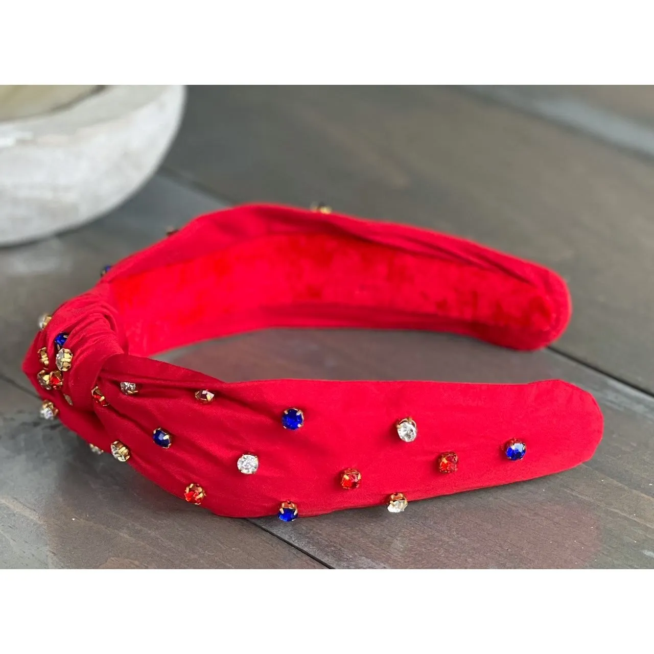 Patriotic Red, White, and Blue Jeweled Top Knot Red Headband 4th of July