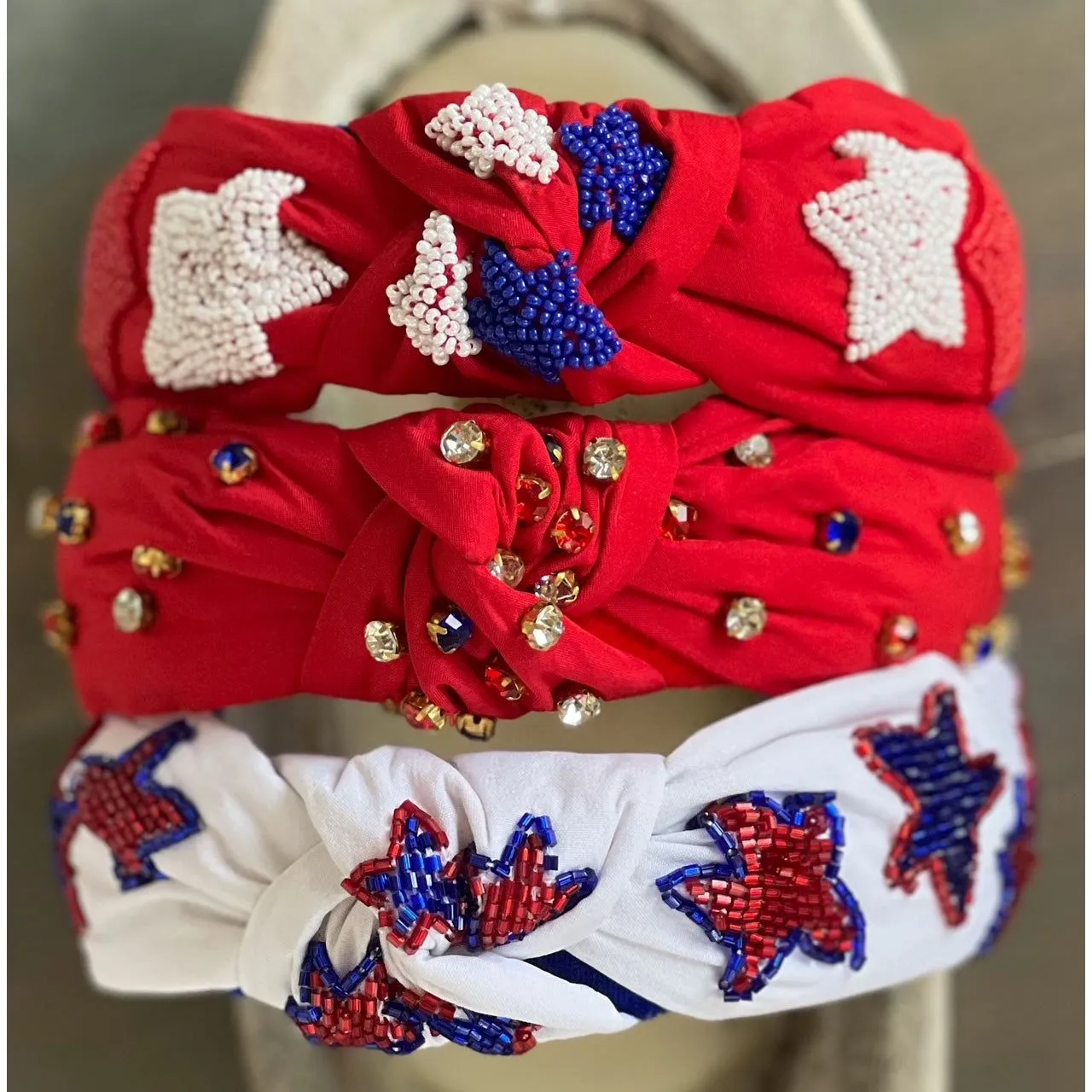 Patriotic Red, White, and Blue Jeweled Top Knot Red Headband 4th of July