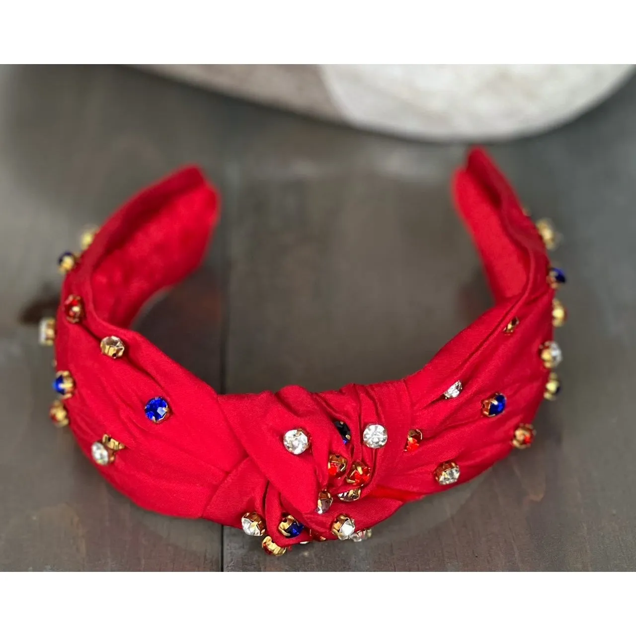 Patriotic Red, White, and Blue Jeweled Top Knot Red Headband 4th of July