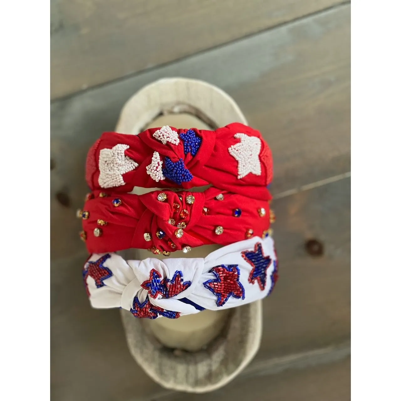 Patriotic Red, White, and Blue Jeweled Top Knot Red Headband 4th of July