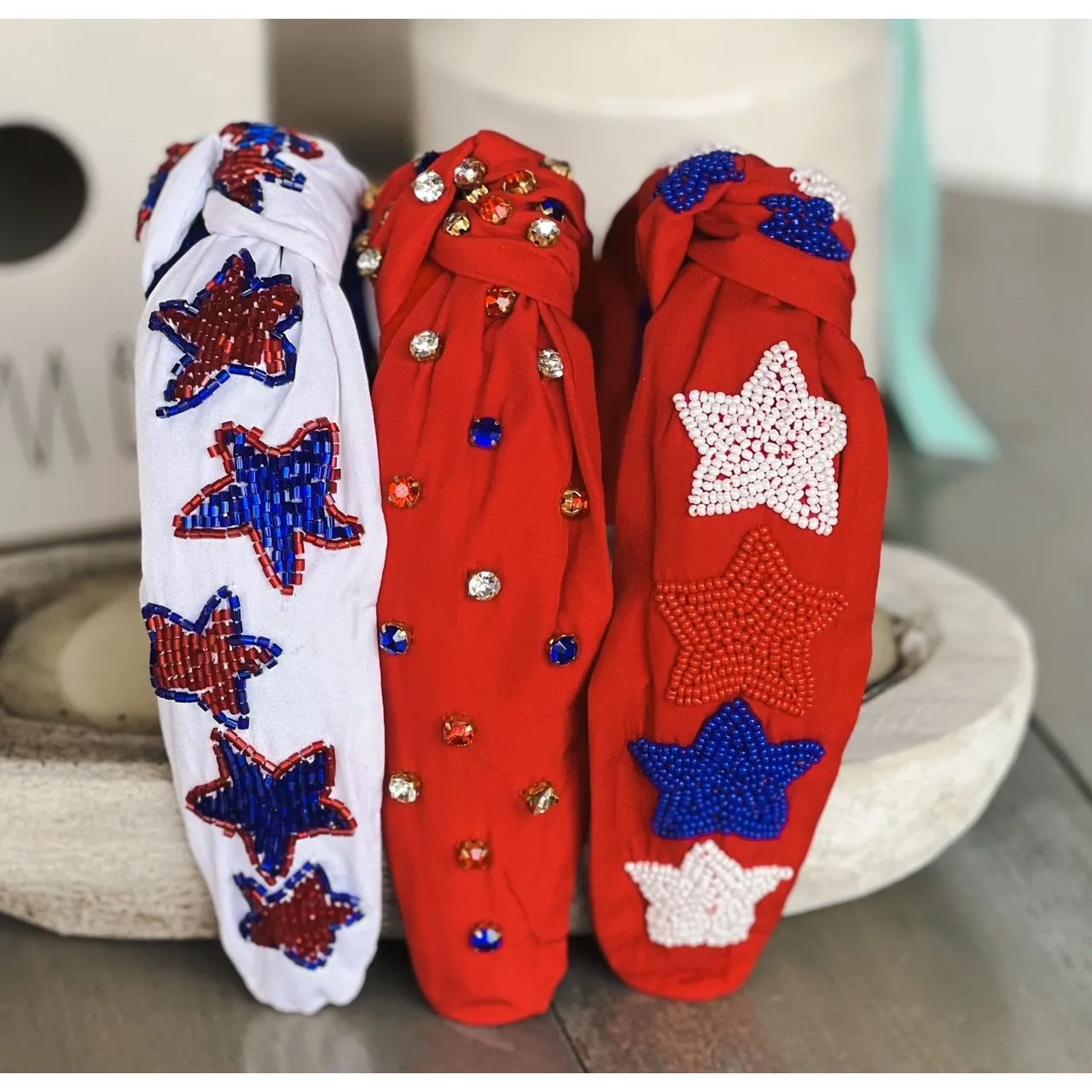 Patriotic Red, White, and Blue Jeweled Top Knot Red Headband 4th of July