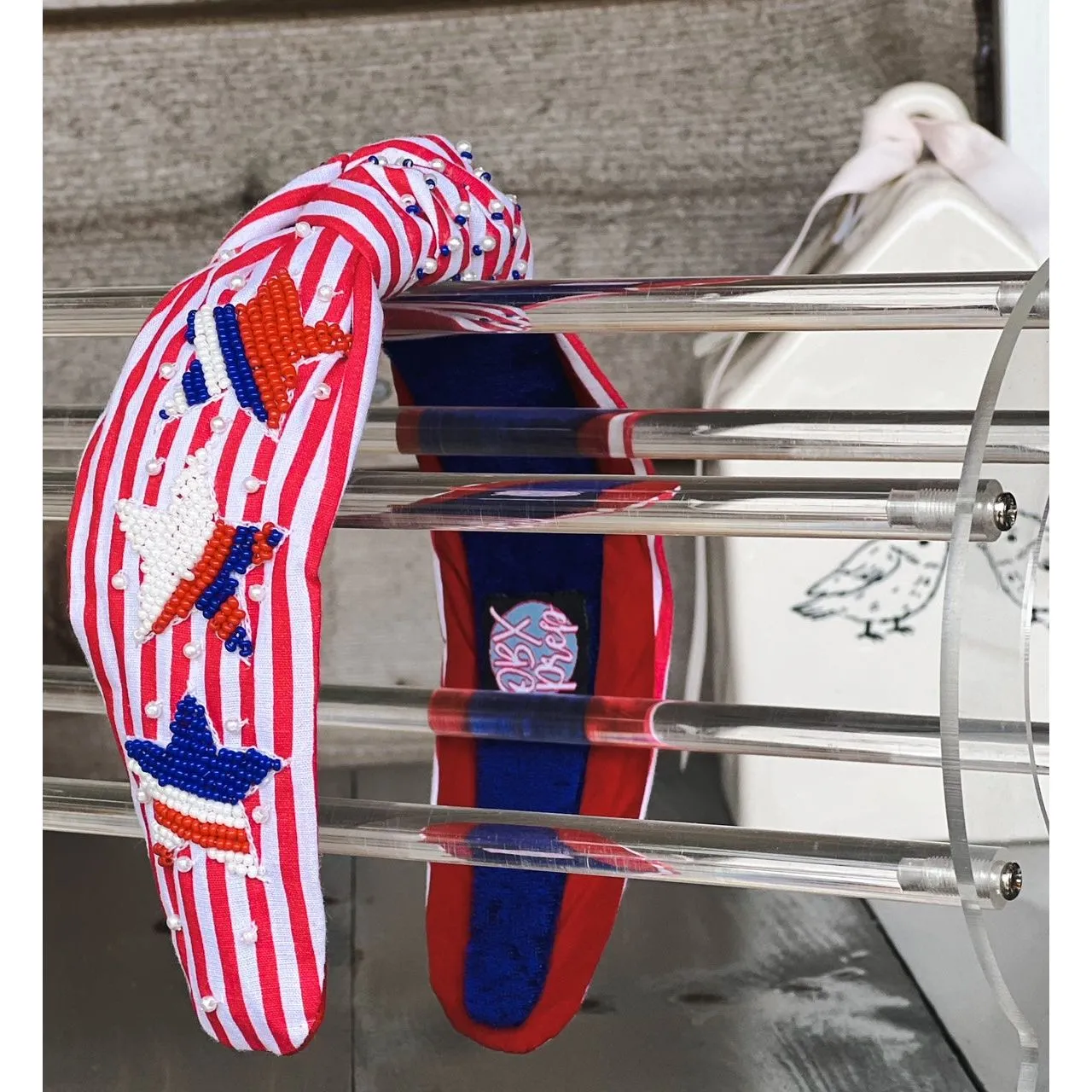 Patriotic Red White Stripe Star Top Knot Headband 4th of July