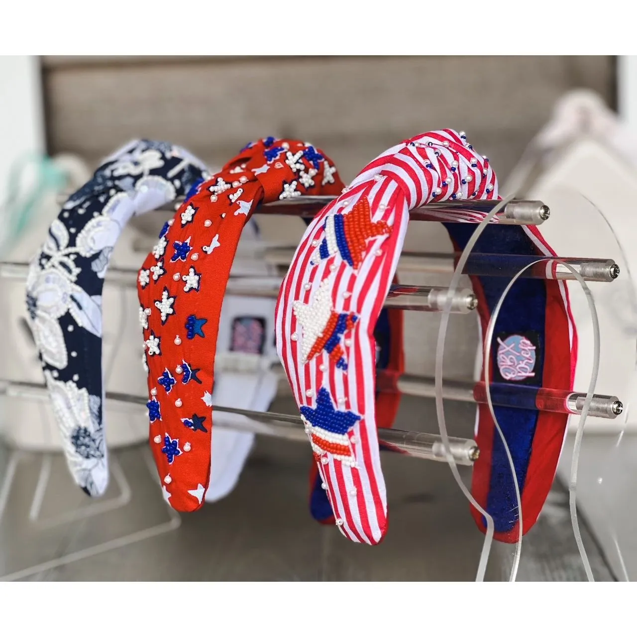 Patriotic Red White Stripe Star Top Knot Headband 4th of July