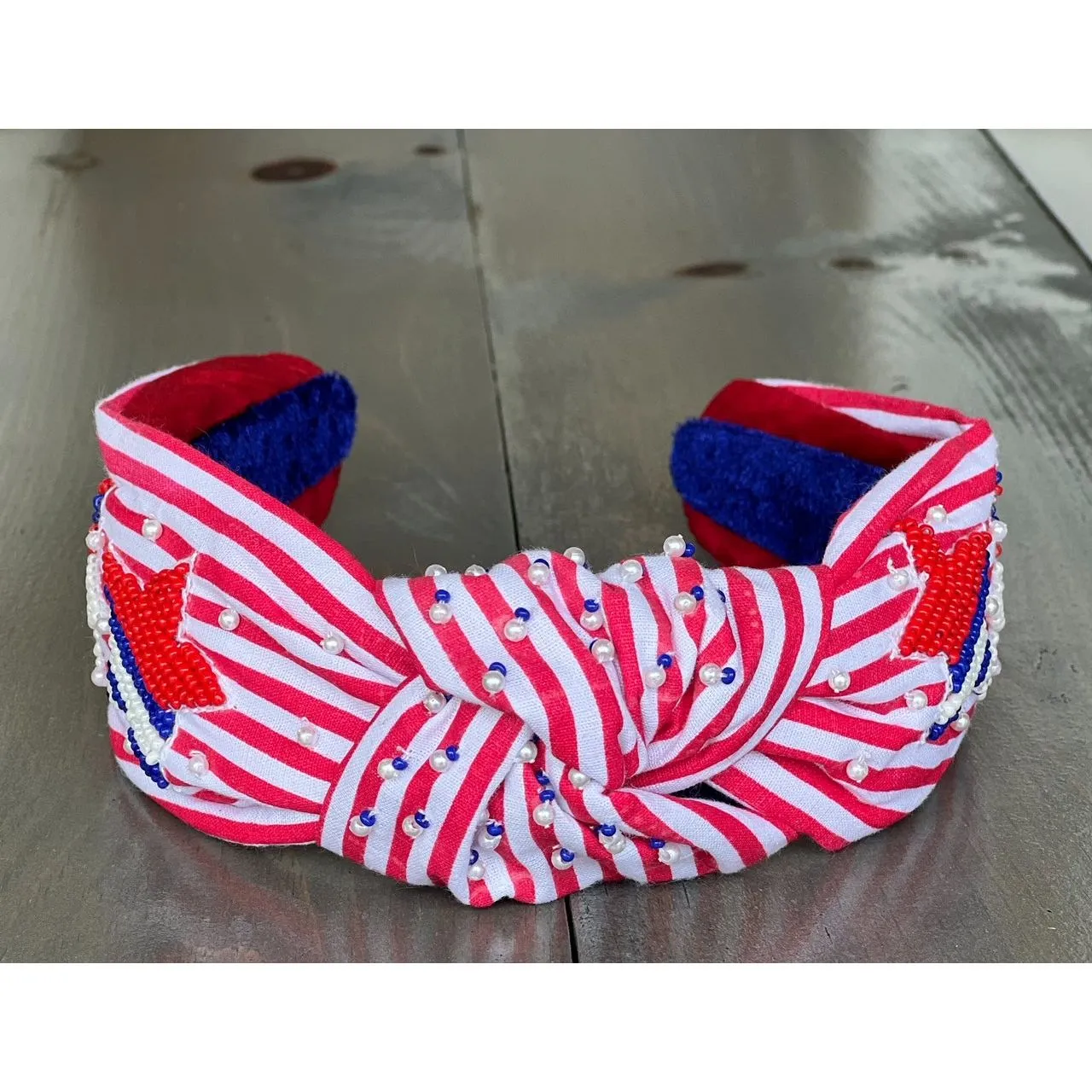 Patriotic Red White Stripe Star Top Knot Headband 4th of July