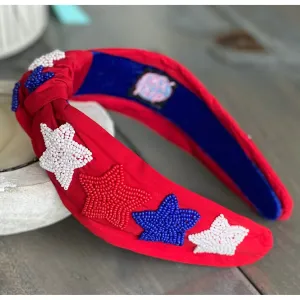 Patriotic Stars Red Seed Bead Front Knot Headband S