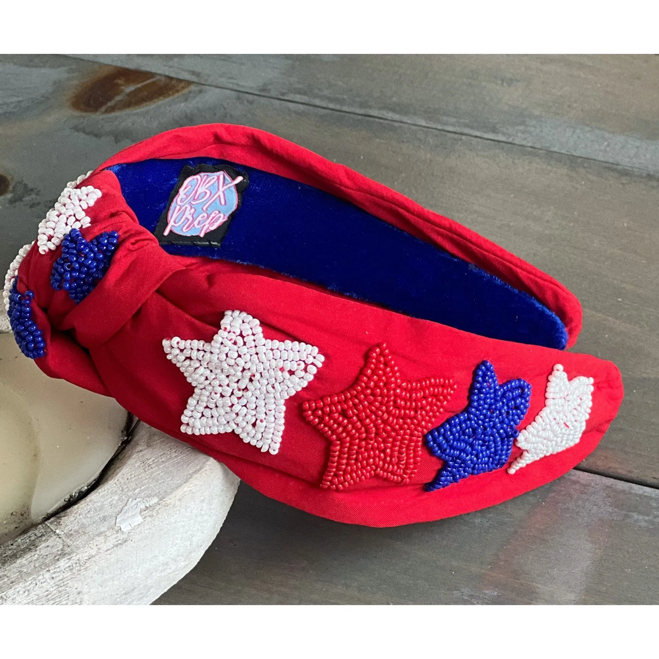 Patriotic Stars Red Seed Bead Front Knot Headband S