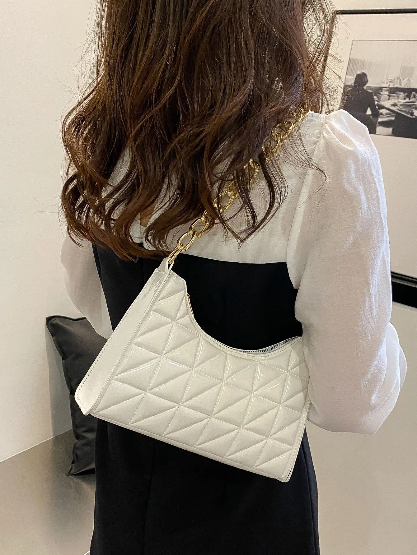 Pattern Quilted Baguette Bag - White