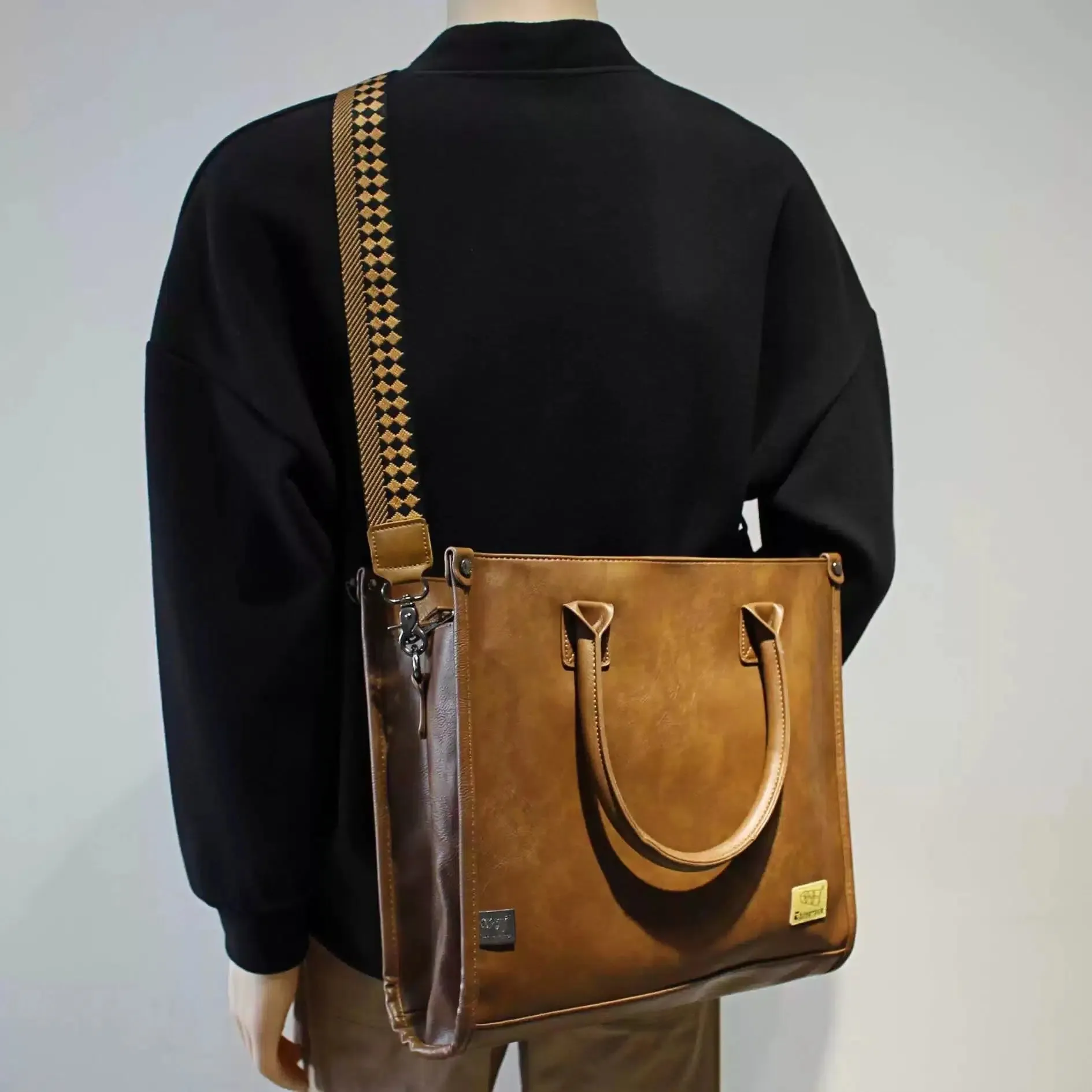 Patterned Strap Leather Messenger Tote