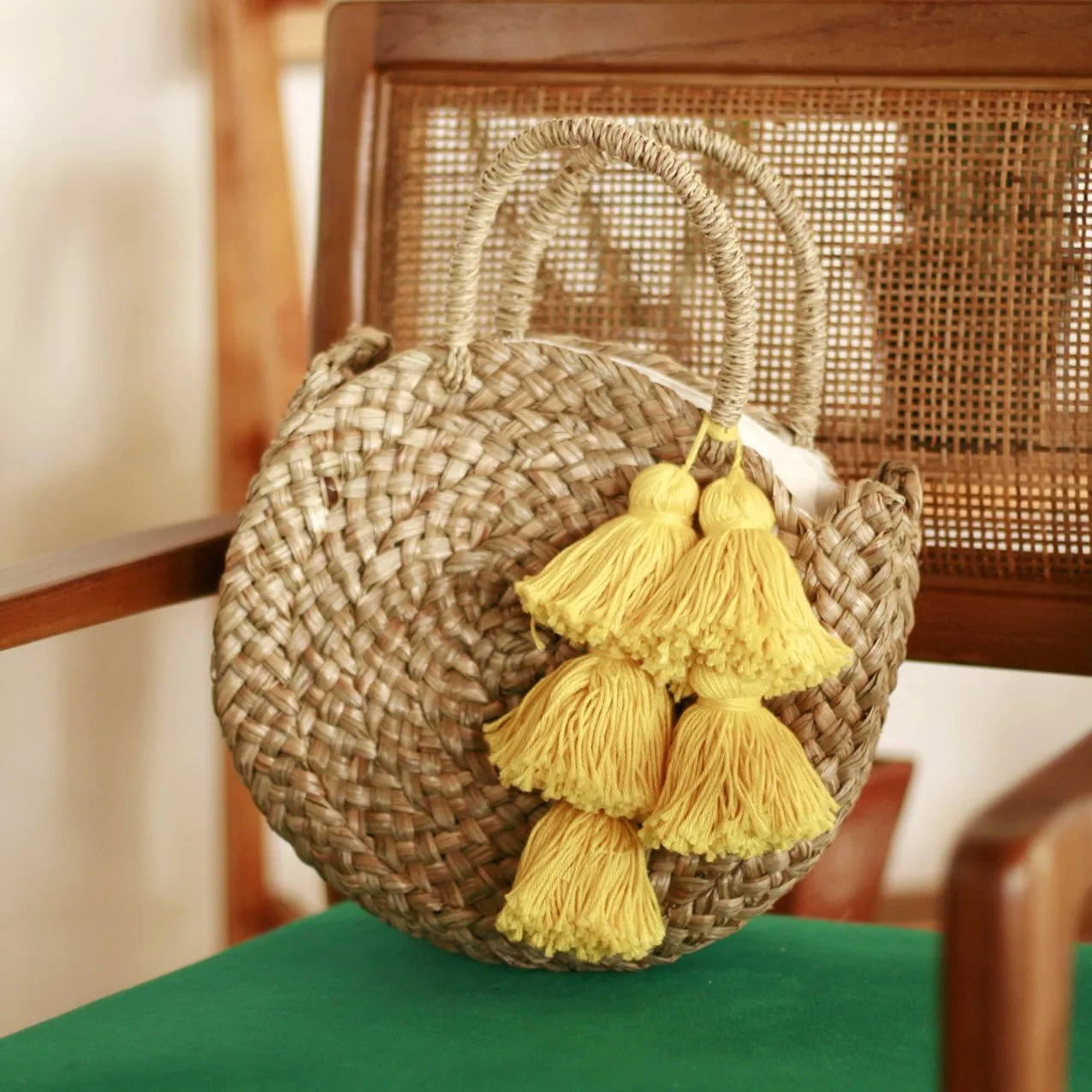 Petite Luna Bag - Round Straw Tote Bag with Yellow Tassels