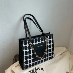 Plaid Patterned Chain Tote Bag