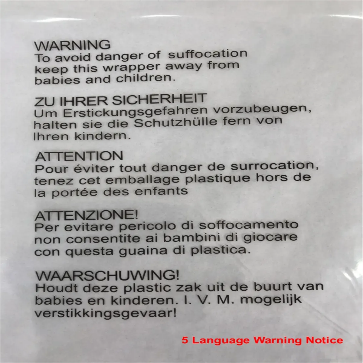 Polypropylene Self Seal Garment Bags - With Printed Warning