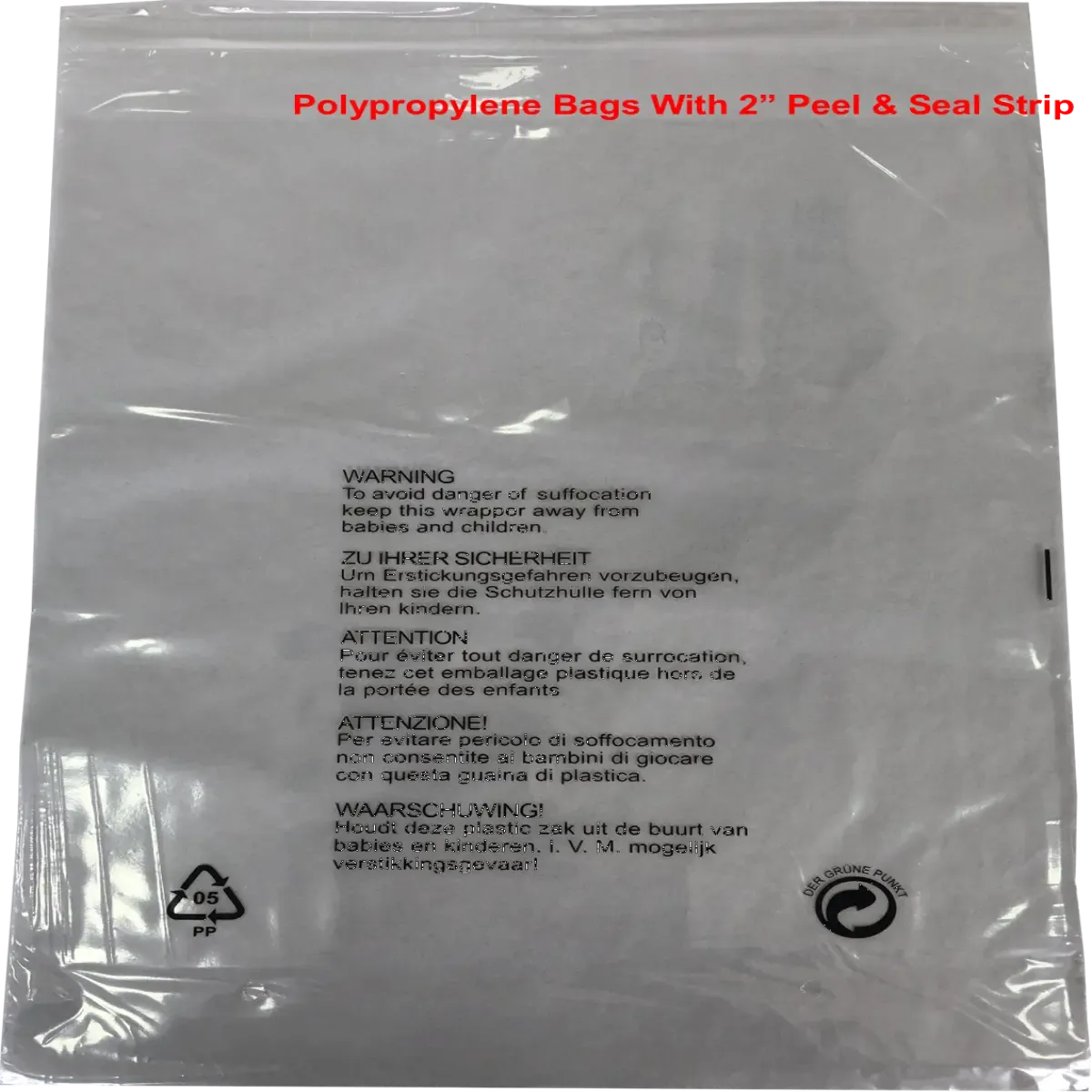 Polypropylene Self Seal Garment Bags - With Printed Warning