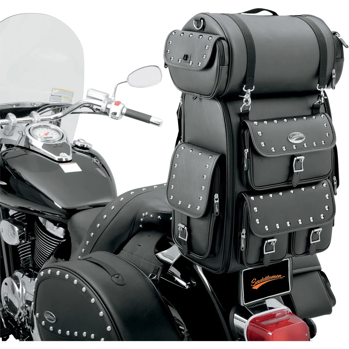SADDLEMEN EX2200S Sissy Bar Bag with Studded Roll Bag