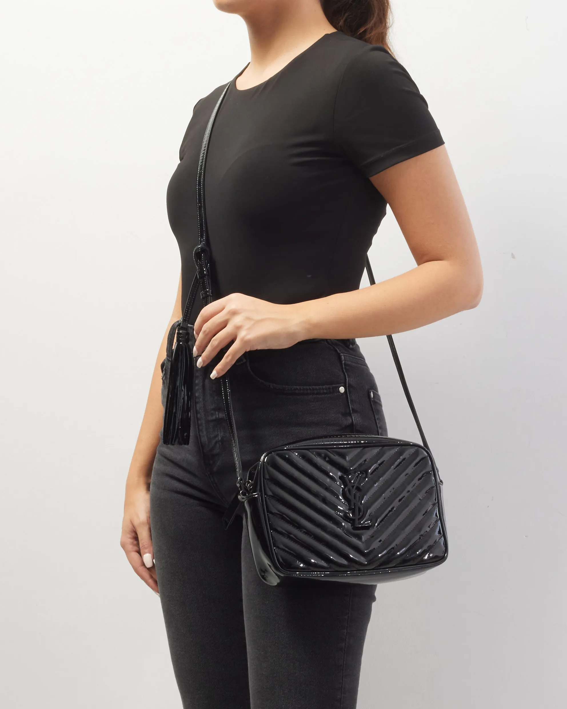 Saint Laurent Black Patent Leather Chevron Lou Camera Bag