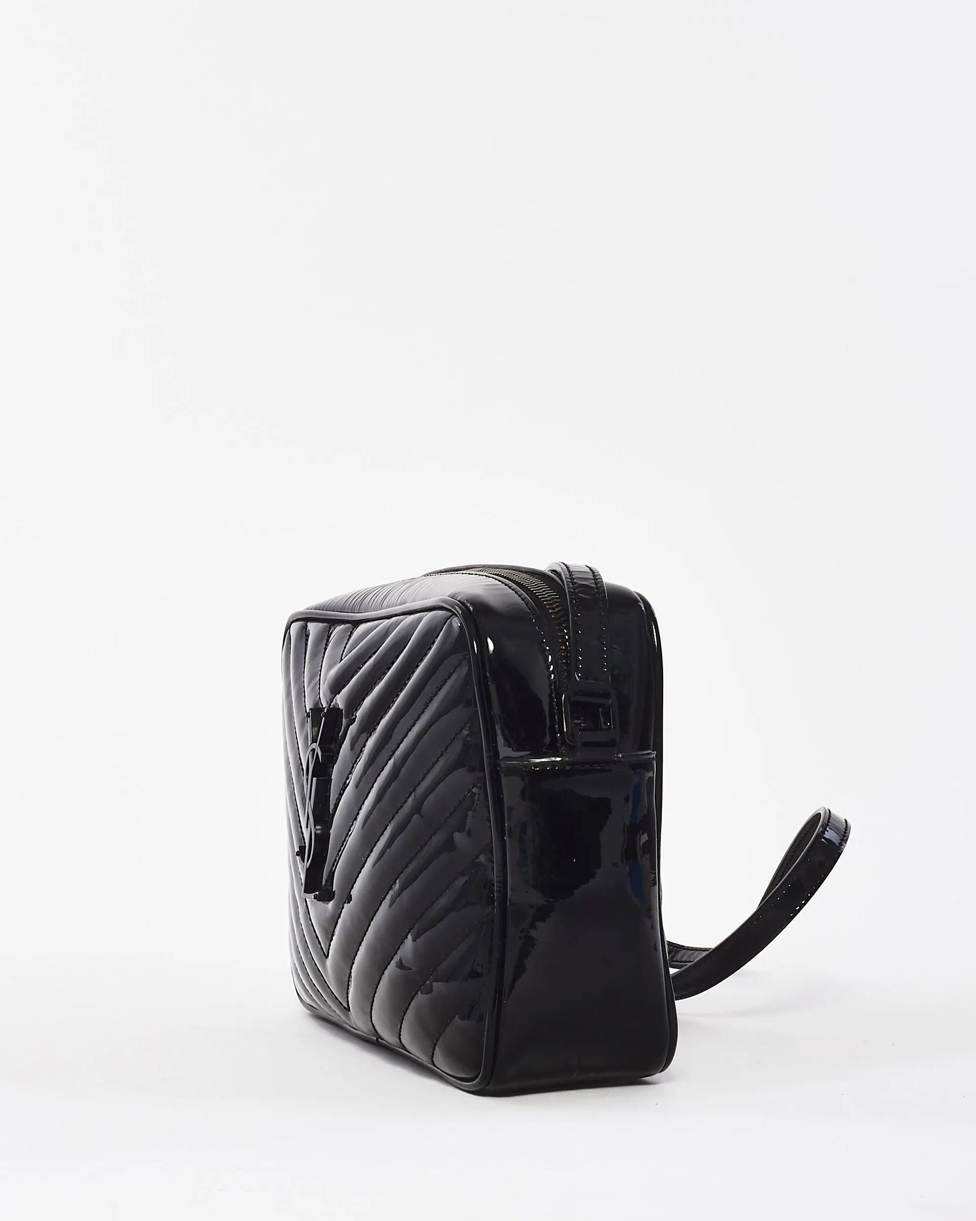 Saint Laurent Black Patent Leather Chevron Lou Camera Bag