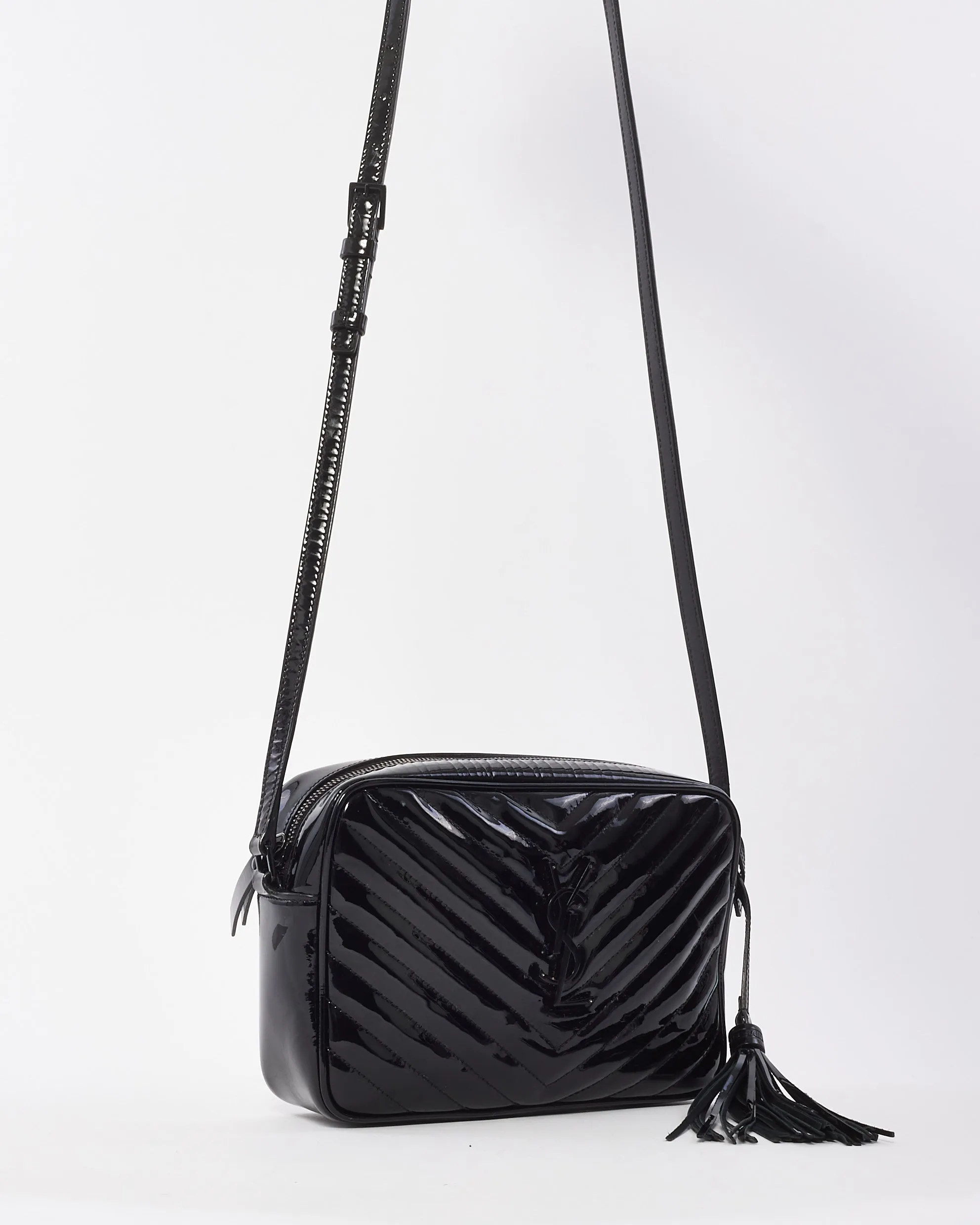 Saint Laurent Black Patent Leather Chevron Lou Camera Bag