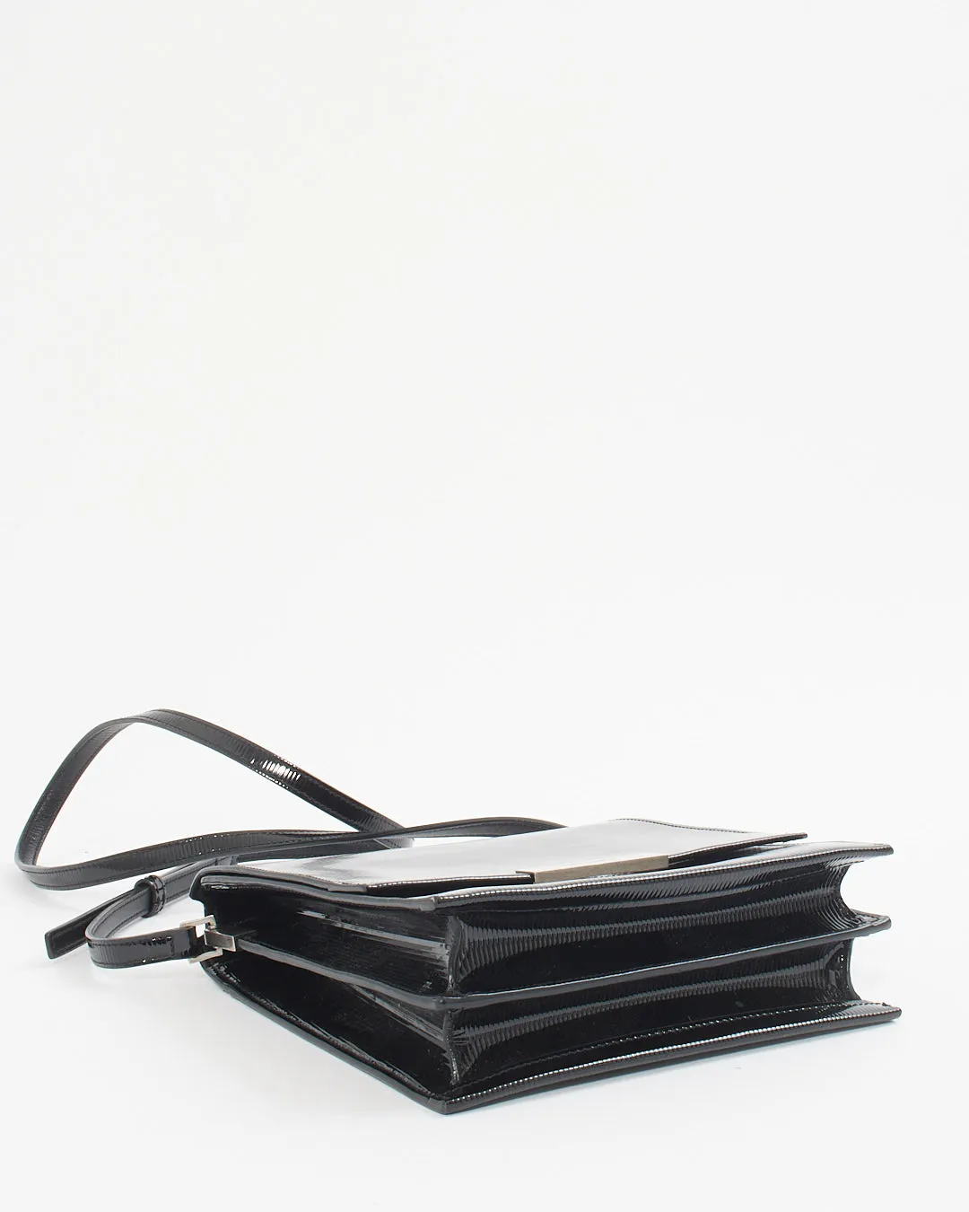 Saint Laurent Black Patent Leather Stripe Embossed Square Crossbody Bag