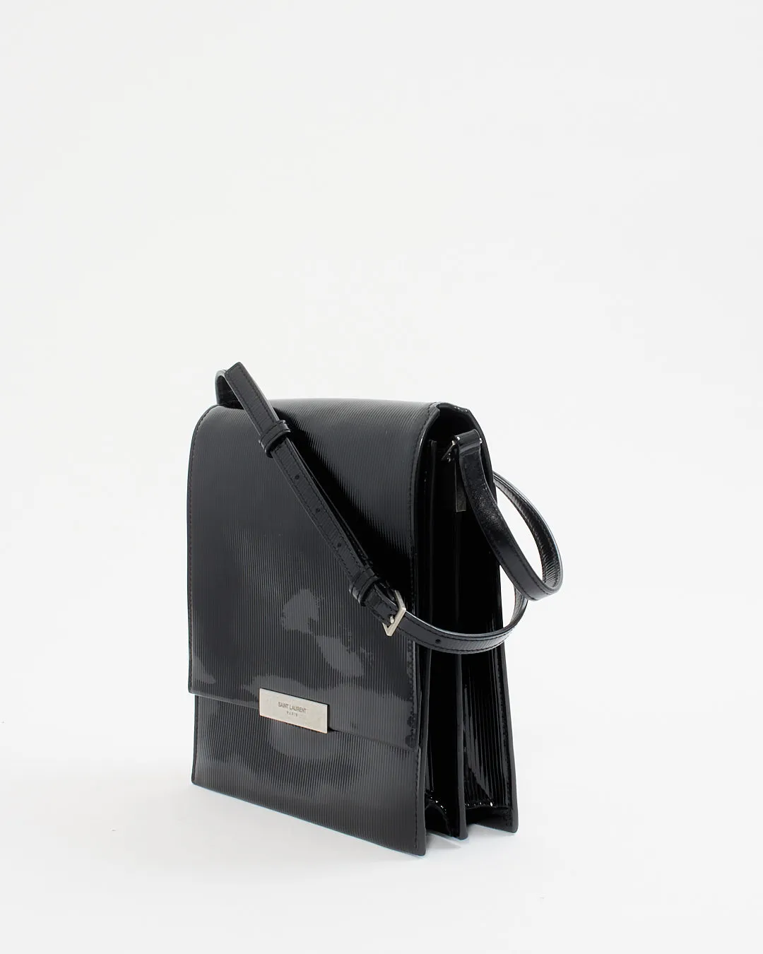 Saint Laurent Black Patent Leather Stripe Embossed Square Crossbody Bag