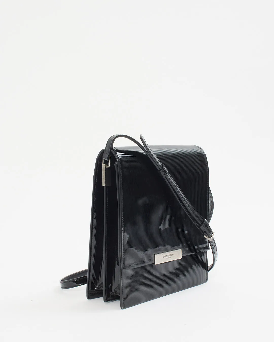 Saint Laurent Black Patent Leather Stripe Embossed Square Crossbody Bag