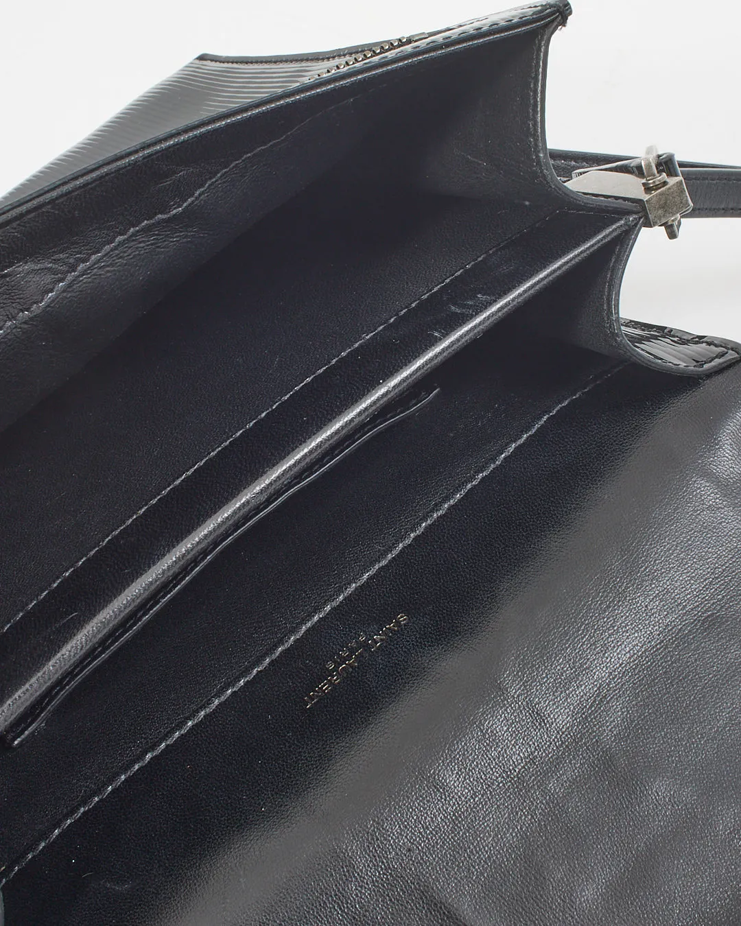 Saint Laurent Black Patent Leather Stripe Embossed Square Crossbody Bag