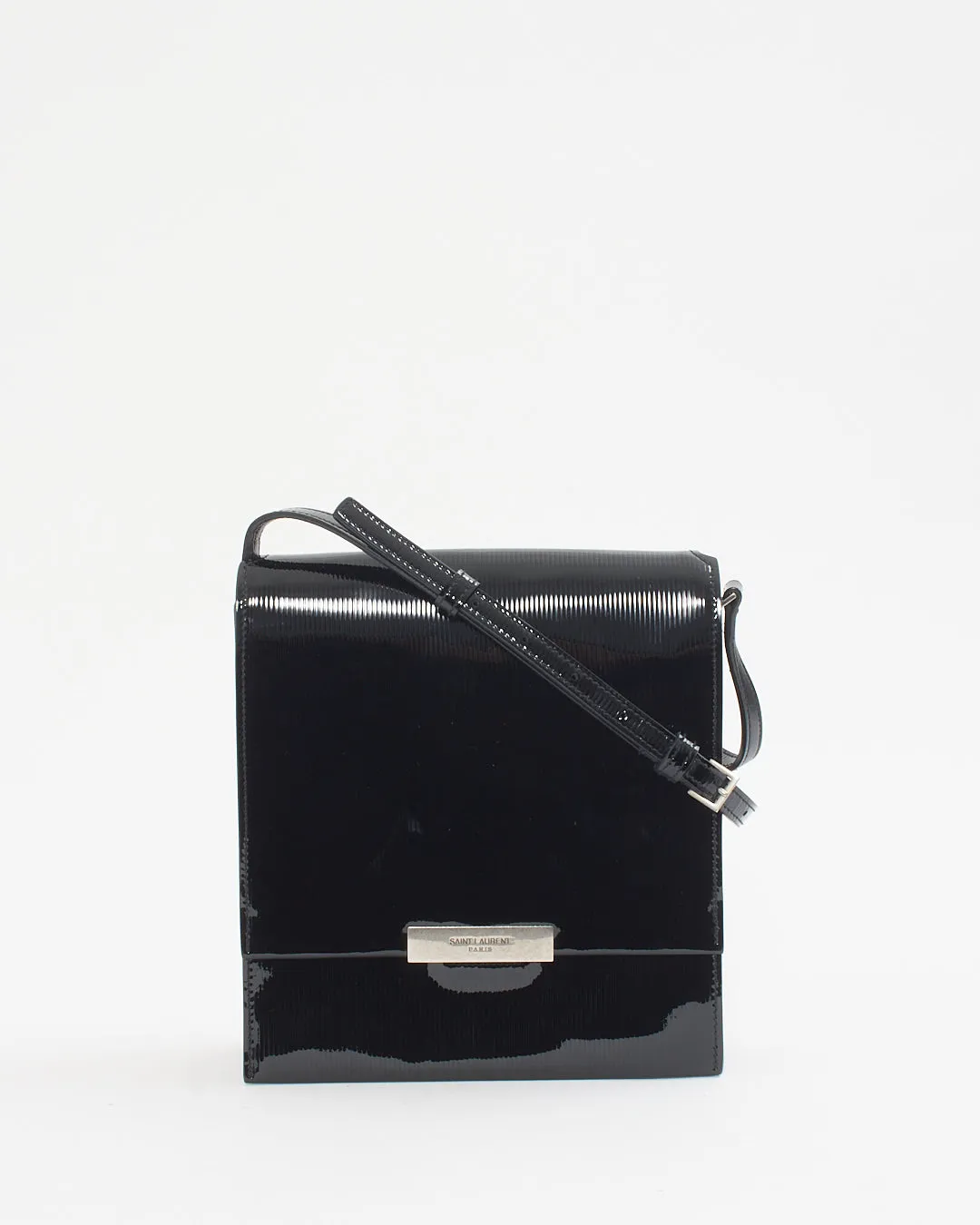 Saint Laurent Black Patent Leather Stripe Embossed Square Crossbody Bag