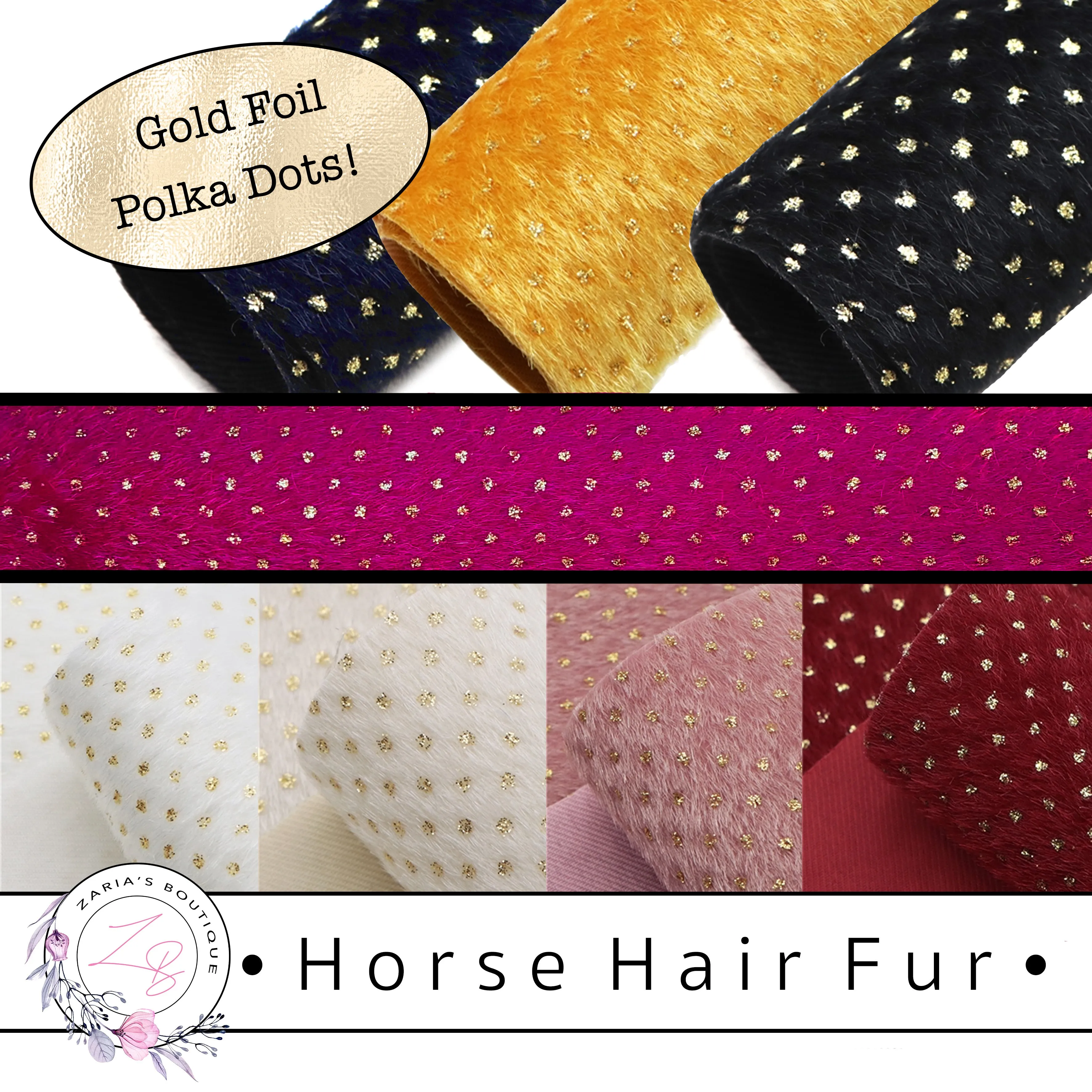 SALE ⋅ Horse Hair Fur ⋅ Gold Foil Polka Dots ⋅ Vegan ⋅  8 Colours ⋅