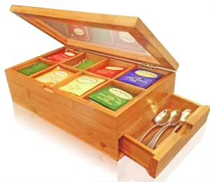 SOLID 100% BAMBOO Tea Box Natural Chest with Clear Hinged Lid, 8 Storage Sections with Expandable Drawer