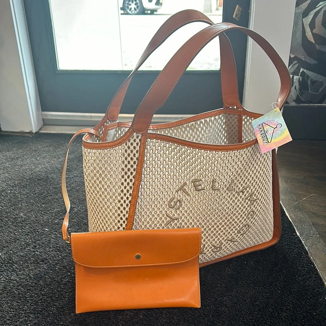 Stella McCartney Eco Logo Mesh Lined Beach Bag with Cognac Handles