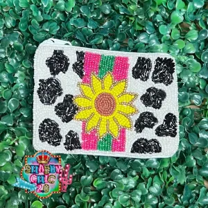 Sunflower Cowprint Beaded Bag