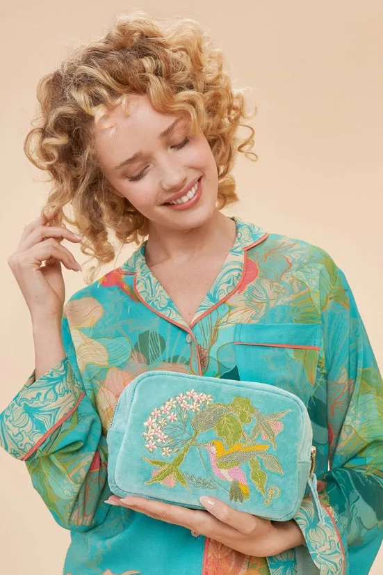 Velvet Embroidered Make Up Bag | Hummingbird, Aqua