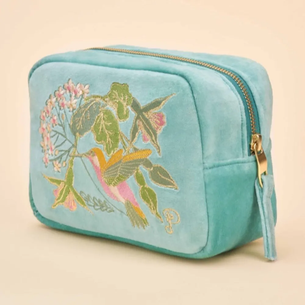 Velvet Embroidered Make Up Bag | Hummingbird, Aqua