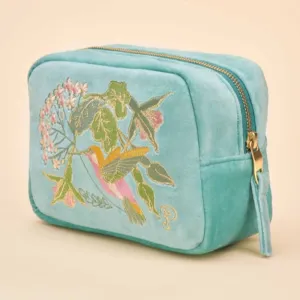 Velvet Embroidered Make Up Bag | Hummingbird, Aqua