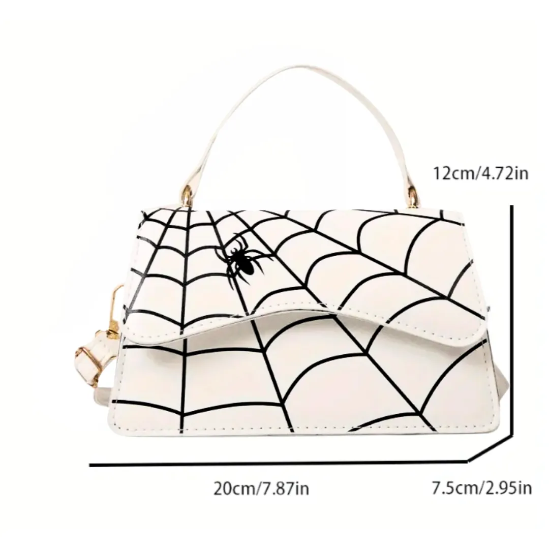 WHITE with Black Spider & Spider Web Flap Closure Rectangular Handbag/Crossbody Bag