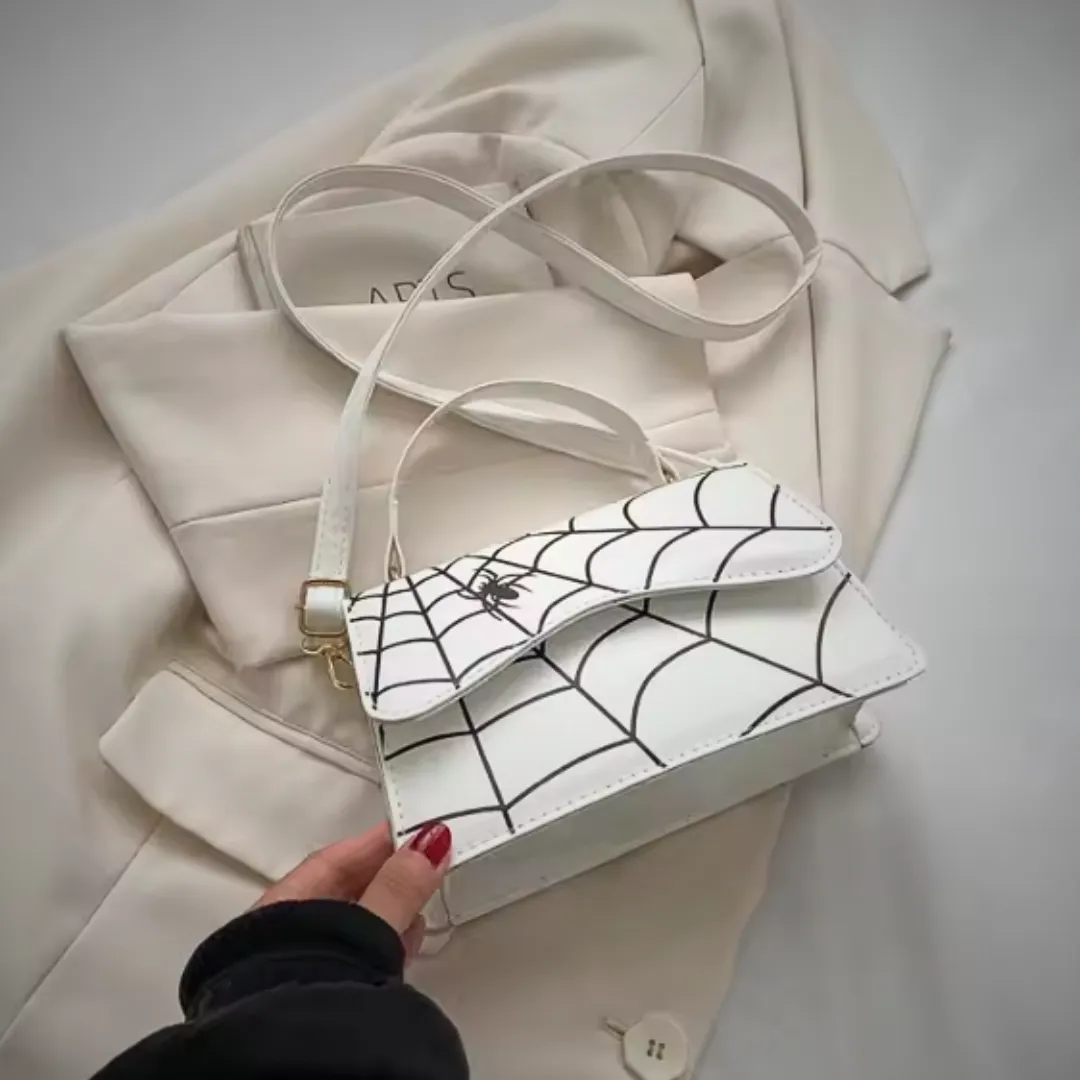 WHITE with Black Spider & Spider Web Flap Closure Rectangular Handbag/Crossbody Bag