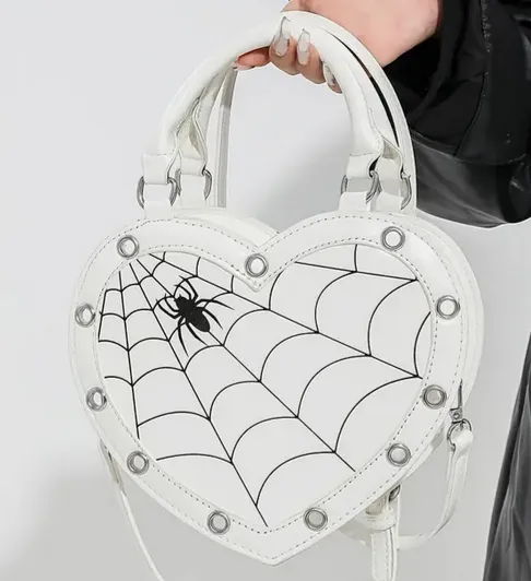 WHITE with Black Stitched Detailing Heart Shaped Spider & Spider Web Handbag/Crossbody Bag
