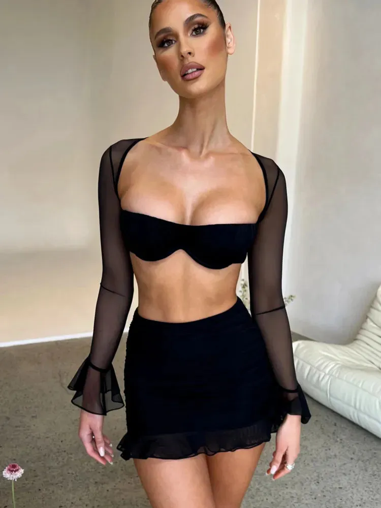 Women's Sexy Dress Set Mesh Strapless Full Sleeve Crop Top And Mini Skirt Matching Sets Club Party Two Piece Set