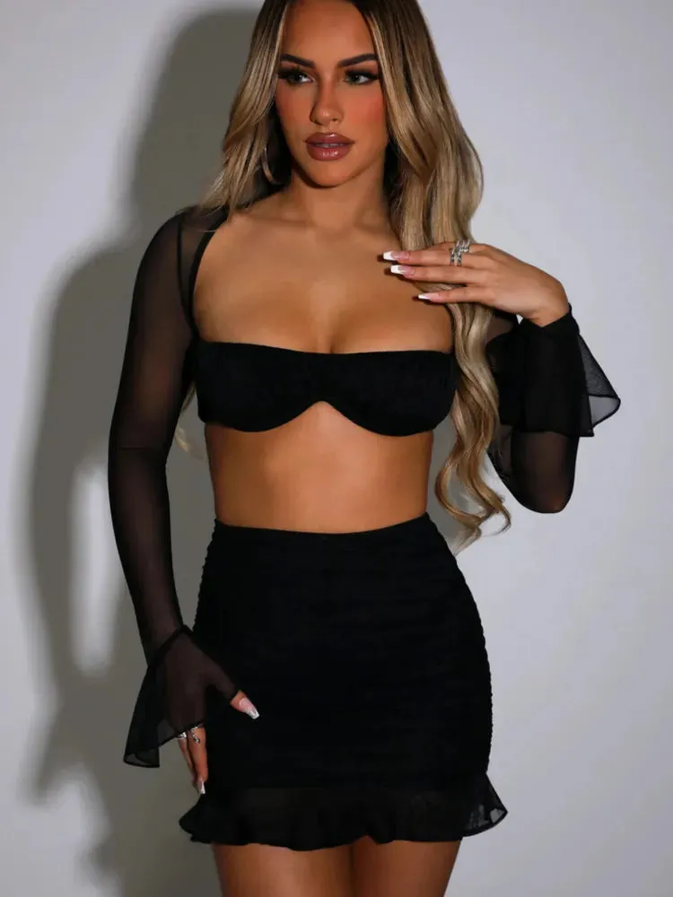 Women's Sexy Dress Set Mesh Strapless Full Sleeve Crop Top And Mini Skirt Matching Sets Club Party Two Piece Set